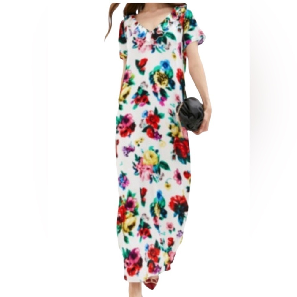 Love Moschino Floral Maxi Dress Pixel Print Ruffle Neck 100% Viscose Size 42